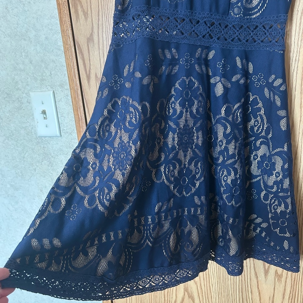 Rebellion Navy Blue Floral Lace Fit and Flare Dress Medium - Picture 4 of 15